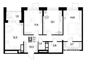 3-к квартира, строящийся дом, 72м2, 11/21 этаж