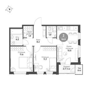 2-к квартира, вторичка, 57м2, 10/11 этаж