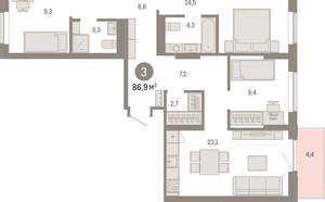 3-к квартира, вторичка, 87м2, 6/9 этаж