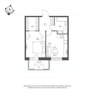 1-к квартира, строящийся дом, 43м2, 5/9 этаж