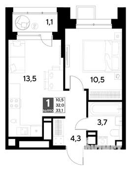 1-к квартира, строящийся дом, 33м2, 15/21 этаж