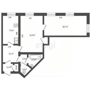 2-к квартира, вторичка, 57м2, 4/4 этаж
