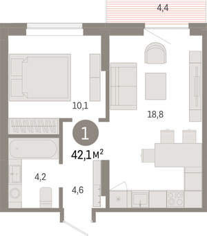 1-к квартира, вторичка, 42м2, 6/9 этаж