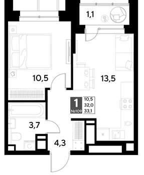 1-к квартира, строящийся дом, 33м2, 10/21 этаж