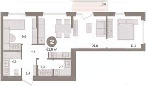 2-к квартира, вторичка, 62м2, 3/8 этаж