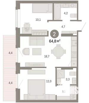 2-к квартира, вторичка, 65м2, 6/9 этаж