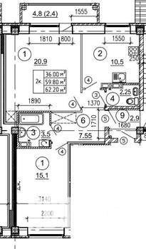 2-к квартира, вторичка, 62м2, 4/8 этаж