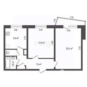2-к квартира, вторичка, 53м2, 1/9 этаж