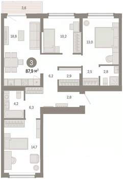 3-к квартира, вторичка, 88м2, 3/16 этаж