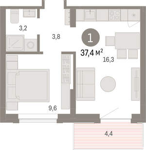 1-к квартира, вторичка, 37м2, 8/9 этаж