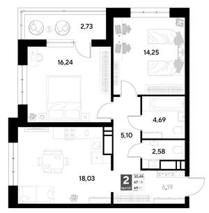 2-к квартира, строящийся дом, 70м2, 7/22 этаж