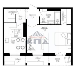 1-к квартира, строящийся дом, 53м2, 13/16 этаж