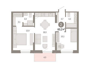2-к квартира, вторичка, 60м2, 8/9 этаж