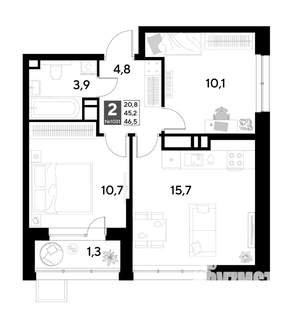 2-к квартира, строящийся дом, 47м2, 18/21 этаж