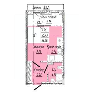 1-к квартира, строящийся дом, 26м2, 7/8 этаж