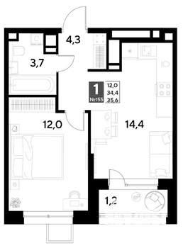 1-к квартира, строящийся дом, 36м2, 13/21 этаж