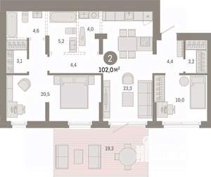 2-к квартира, вторичка, 102м2, 1/9 этаж