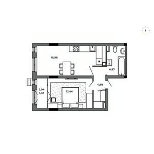 1-к квартира, строящийся дом, 44м2, 4/8 этаж