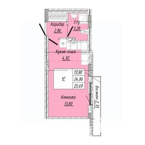 1-к квартира, строящийся дом, 26м2, 2/8 этаж