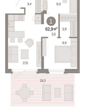 1-к квартира, вторичка, 63м2, 1/9 этаж