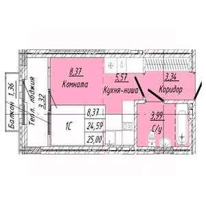 1-к квартира, строящийся дом, 25м2, 6/8 этаж