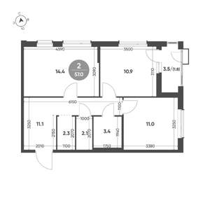 2-к квартира, вторичка, 57м2, 2/10 этаж