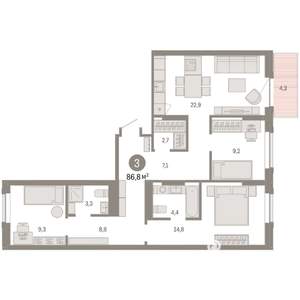 3-к квартира, вторичка, 87м2, 8/9 этаж