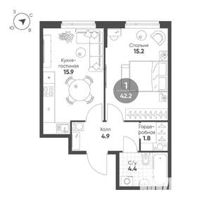 1-к квартира, вторичка, 42м2, 7/8 этаж