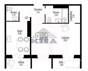 1-к квартира, строящийся дом, 52м2, 10/16 этаж