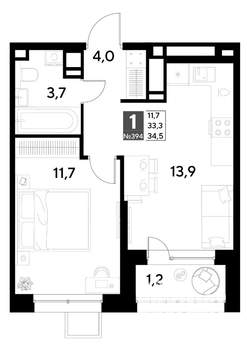 1-к квартира, строящийся дом, 35м2, 16/21 этаж