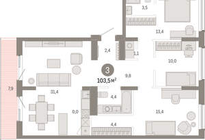 3-к квартира, вторичка, 103м2, 8/9 этаж