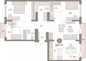 3-к квартира, вторичка, 102м2, 9/9 этаж