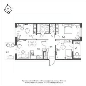 3-к квартира, строящийся дом, 82м2, 9/12 этаж
