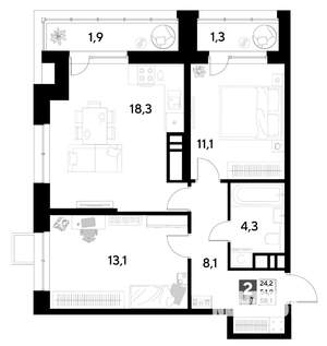 2-к квартира, строящийся дом, 58м2, 8/21 этаж