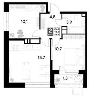 2-к квартира, строящийся дом, 47м2, 6/21 этаж