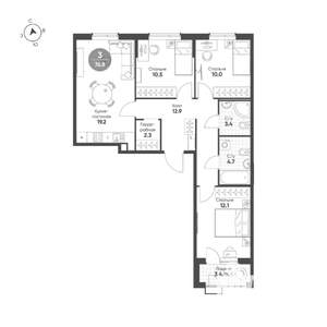 3-к квартира, строящийся дом, 77м2, 2/15 этаж