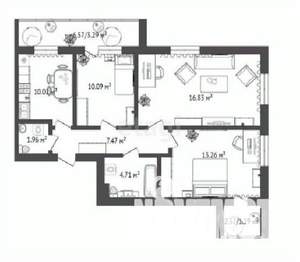 3-к квартира, строящийся дом, 71м2, 14/16 этаж