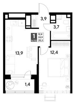 1-к квартира, строящийся дом, 35м2, 20/21 этаж