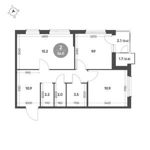 2-к квартира, вторичка, 56м2, 2/3 этаж