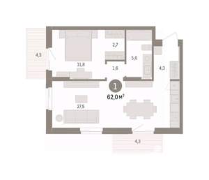 1-к квартира, вторичка, 62м2, 8/14 этаж