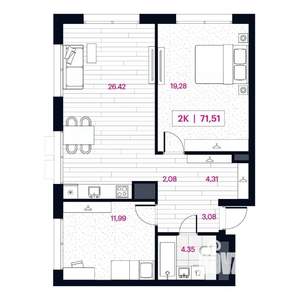 2-к квартира, строящийся дом, 72м2, 8/15 этаж