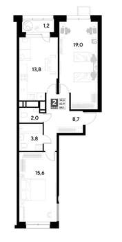 2-к квартира, строящийся дом, 64м2, 2/21 этаж