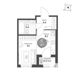 Студия квартира, вторичка, 27м2, 2/11 этаж