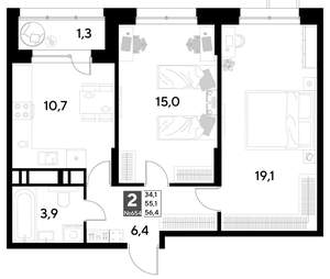 2-к квартира, строящийся дом, 56м2, 5/21 этаж