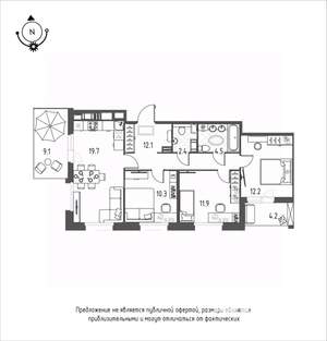 3-к квартира, строящийся дом, 78м2, 12/12 этаж