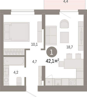 1-к квартира, вторичка, 42м2, 5/9 этаж