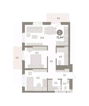 2-к квартира, вторичка, 71м2, 4/14 этаж