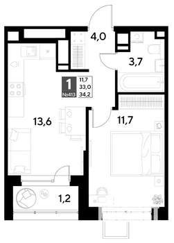 1-к квартира, вторичка, 34м2, 18/21 этаж