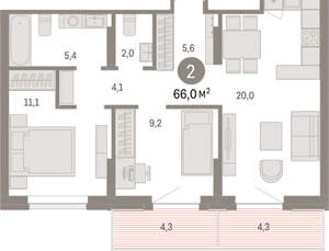 2-к квартира, вторичка, 66м2, 8/9 этаж