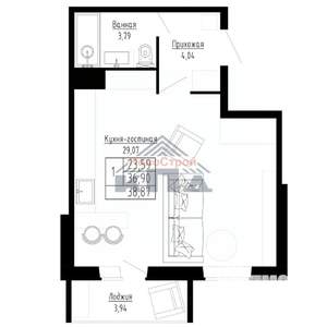1-к квартира, строящийся дом, 39м2, 8/8 этаж